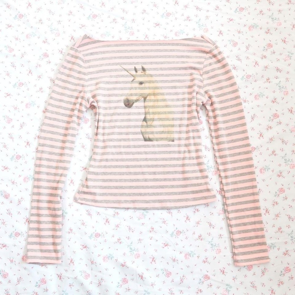 y2k striped unicorn top off shoulder long sleeve indie sleaze